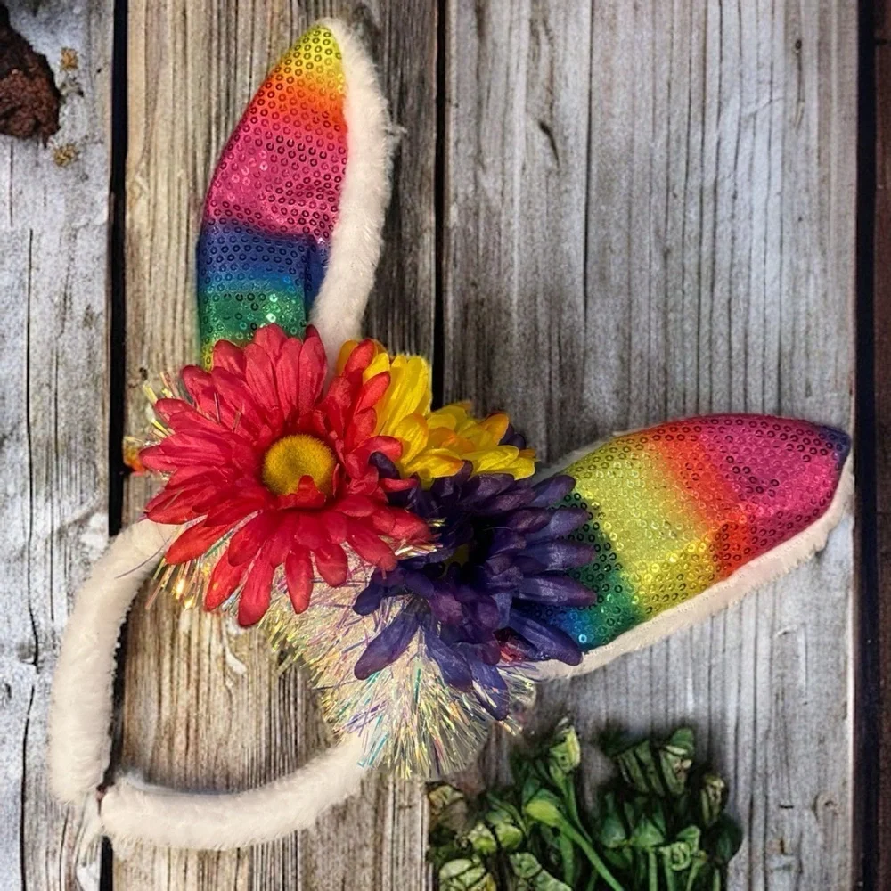 Rainbow Easter Bunny Ears - Rabbit Ears, Handmade Headpiece, Easter Headband